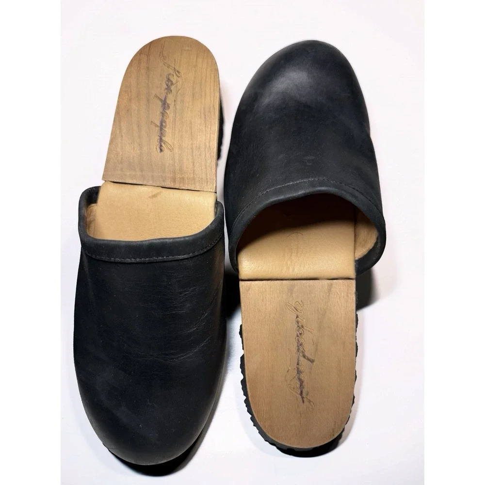 Free People Carver Black Leather & Wooden Clogs Womens Size 37 Made In Spain EUC